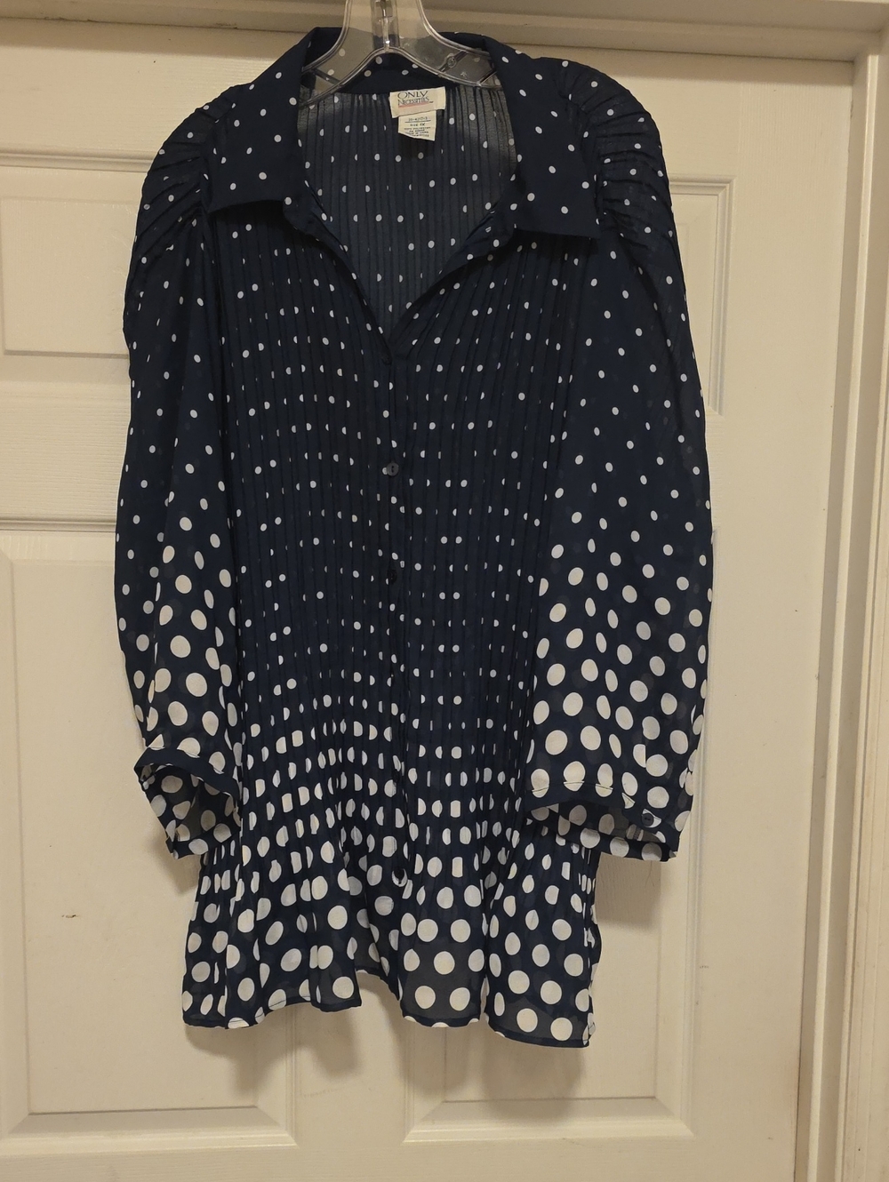 Only Necessities Navy and White Polka Dot Button-Down Blouse
